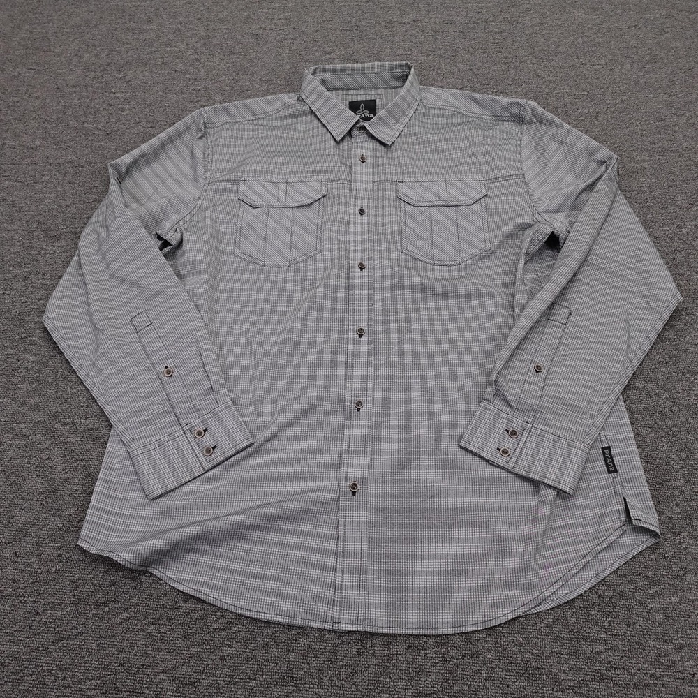 PrAna Shirt Mens XL Gray Check Long Sleeve Button Up Casual Polyester Woven